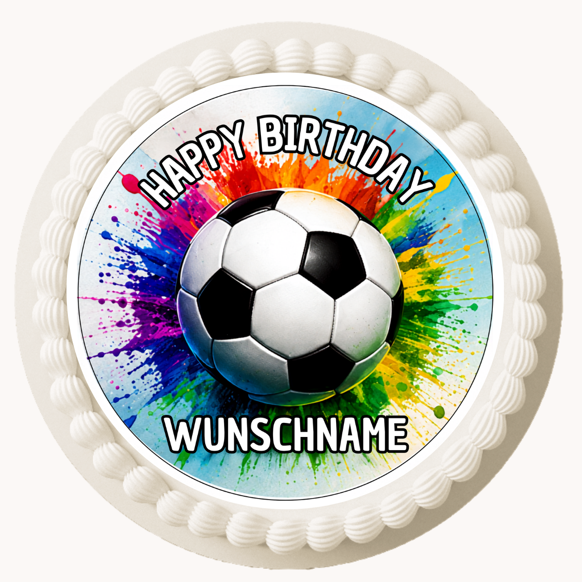 Tortenaufleger Fußball bunt auf weißer Torte mit Wunschname