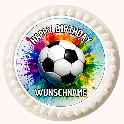 Tortenaufleger Fußball bunt auf weißer Torte mit Wunschname