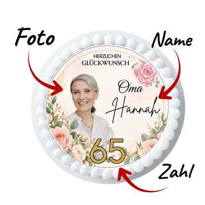 Tortenaufleger Rosen mit Foto, Name und Zahl