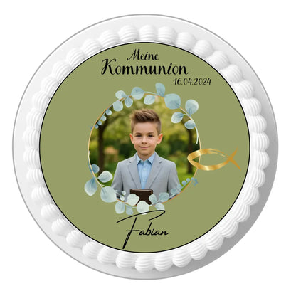 Tortenaufleger Meine Kommunion grün mit Bild , Name und Datum Funny Bake
