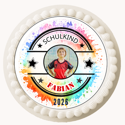 Tortenaufleger Einschulung bunt personalisiert mit Foto & Name