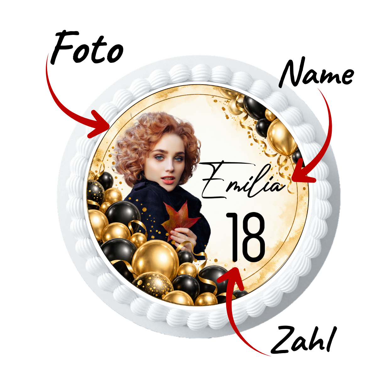 Tortenaufleger Geburtstag mit Foto – Schwarz-Gold Ballon