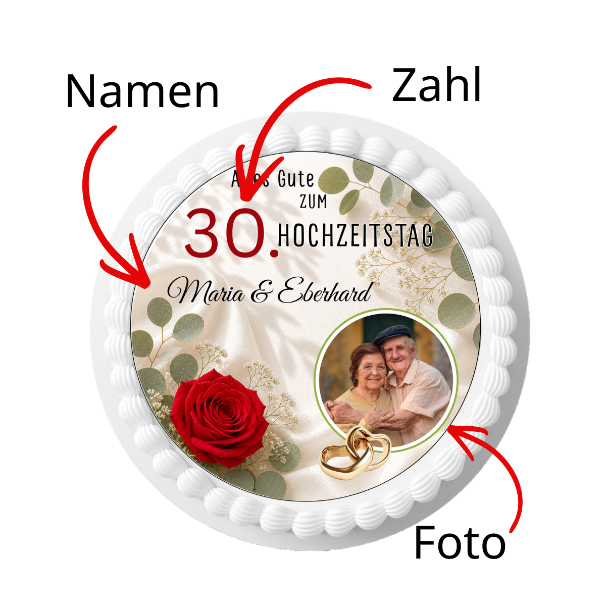 Tortenaufleger Hochzeitstag – personalisiert mit Name & Zahl und Foto