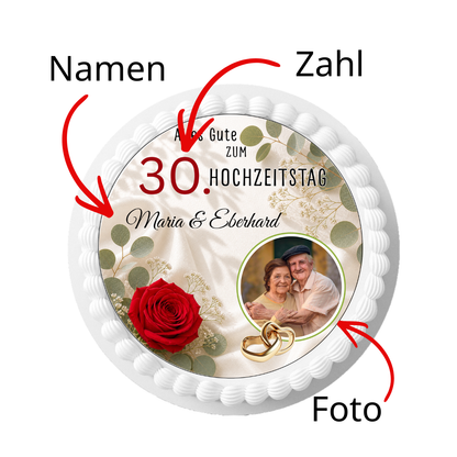 Tortenaufleger Hochzeitstag – personalisiert mit Name & Zahl und Foto