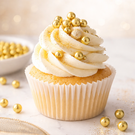 Muffin mit Buttercreme dekoriert mit essbaren goldenen Zuckerperlen 7mm