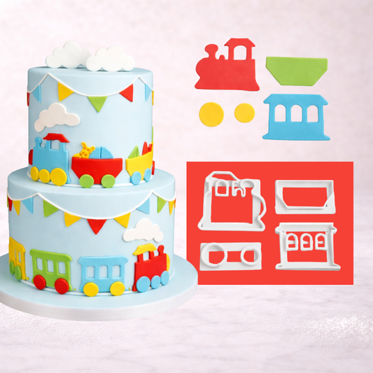 Ausstecher Zug 4-teilig – Lokomotive, Wagon, Frachtwagon & Räder