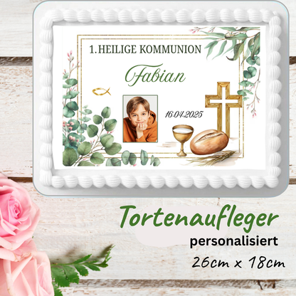 Personalisierter Tortenaufleger zur Kommunion mit Foto, Name & Datum – Eukalyptus Design