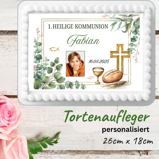 Personalisierter Tortenaufleger zur Kommunion mit Foto, Name & Datum – Eukalyptus Design