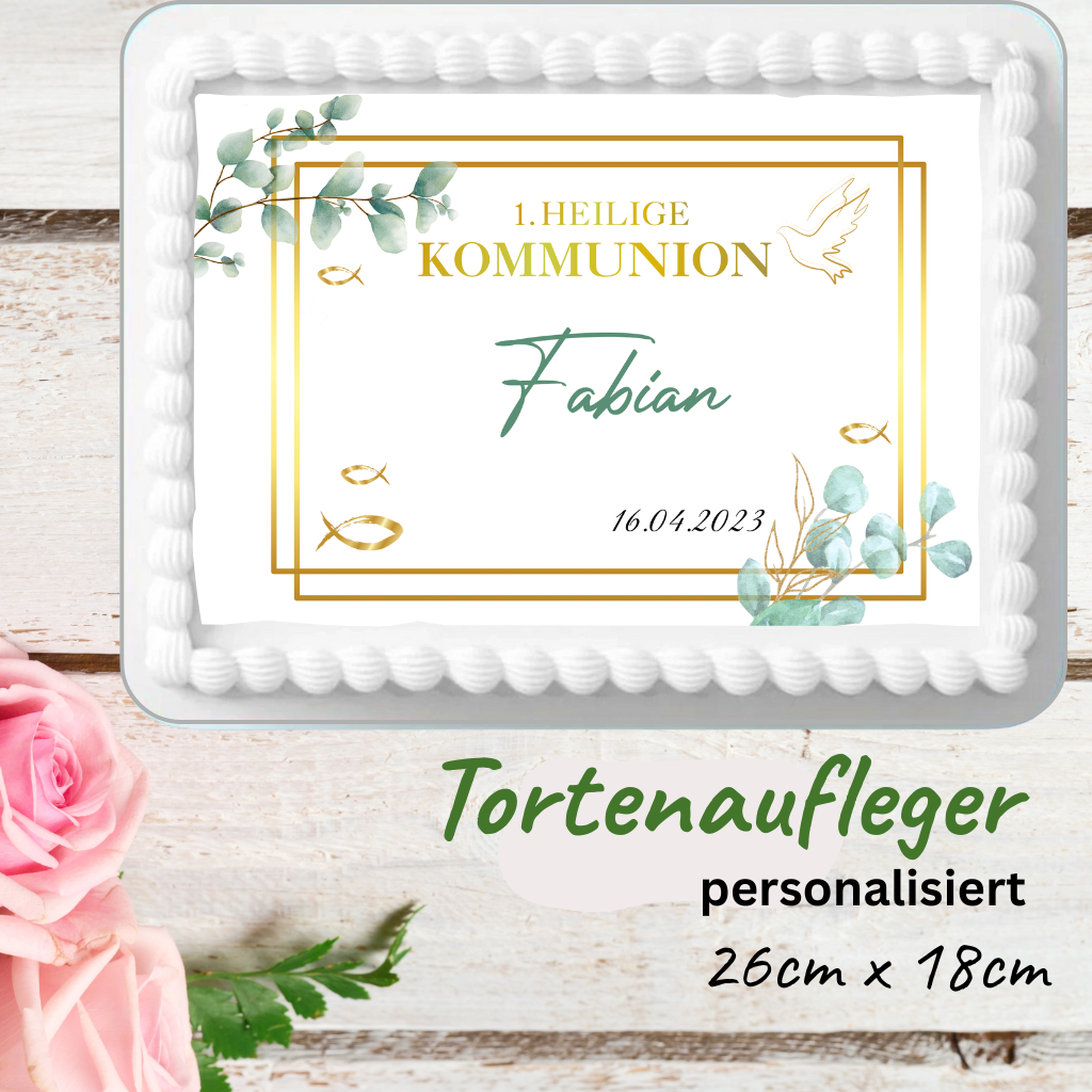 Tortenaufleger zur 1. Heiligen Kommunion – modern eckig mit Eukalyptus, Gold & Fischen