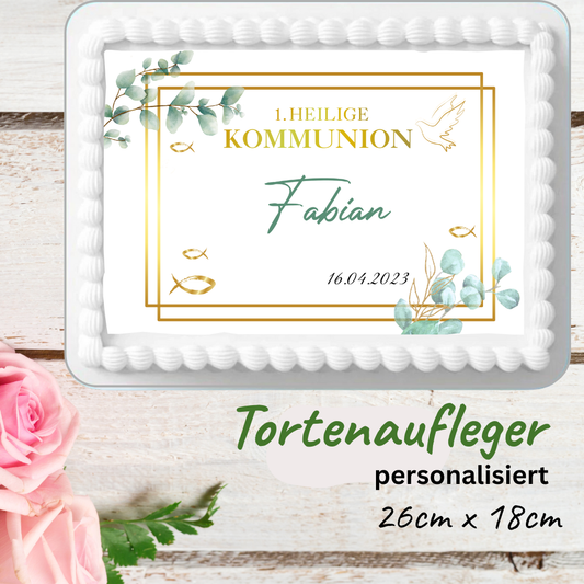 Tortenaufleger zur 1. Heiligen Kommunion – modern eckig mit Eukalyptus, Gold & Fischen