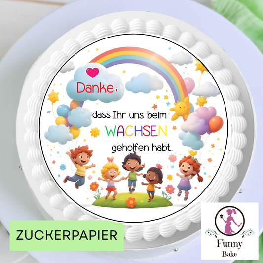 Abschiedskuchen mit Tortenaufleger zur Kindergartenverabschiedung als Dankeschön für Erzieherinnen