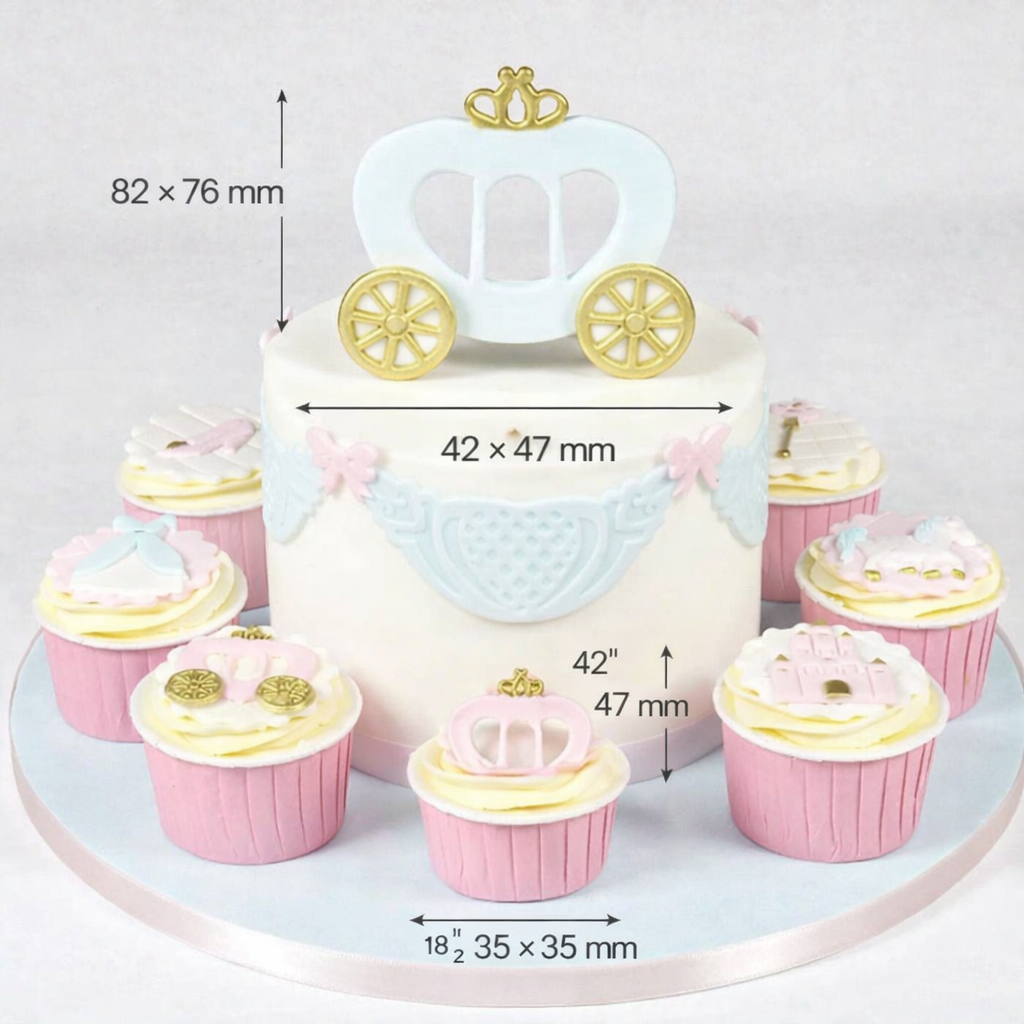 Anwendung der Ausstecher Kürbiskutsche auf Torte und Muffins mit Größenangaben