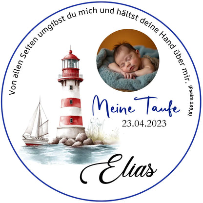 Circular baptism announcement with blue border, Psalm 139:5, sleeping baby Elias, 23.04.2023, lighthouse illustration.