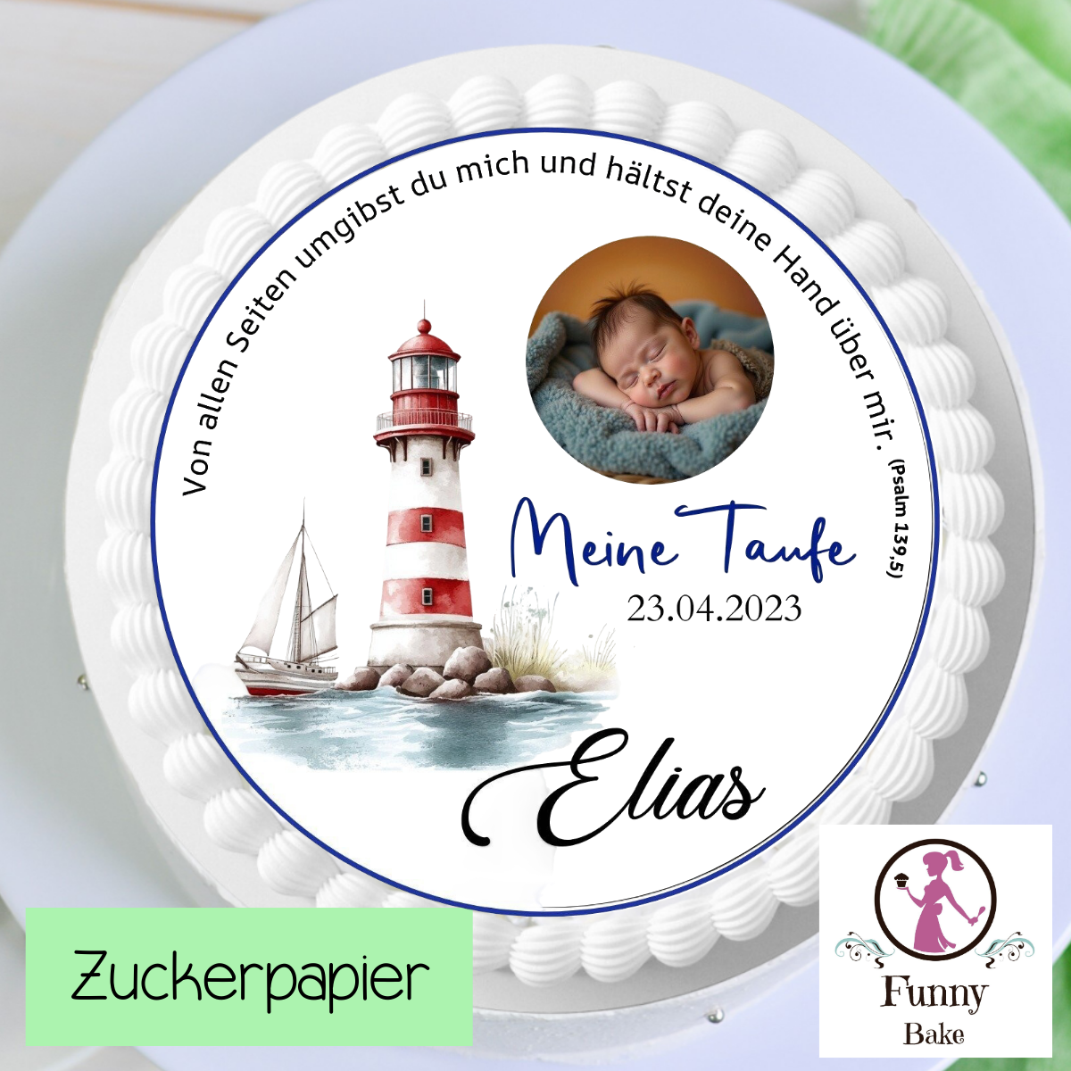 White frosted baptism cake with edible topper of baby Elias, lighthouse illustration, and date 23.04.2023.