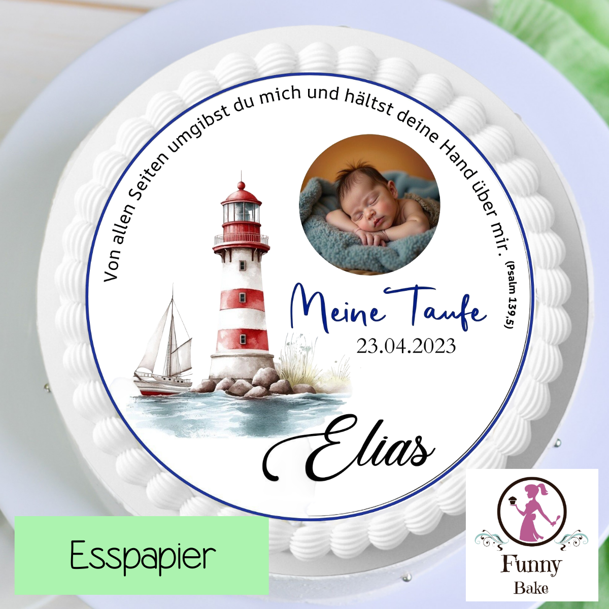 White frosted baptism cake with lighthouse, sailing ship, baby photo, text 'Meine Taufe', date 23.04.2023, name Elias.