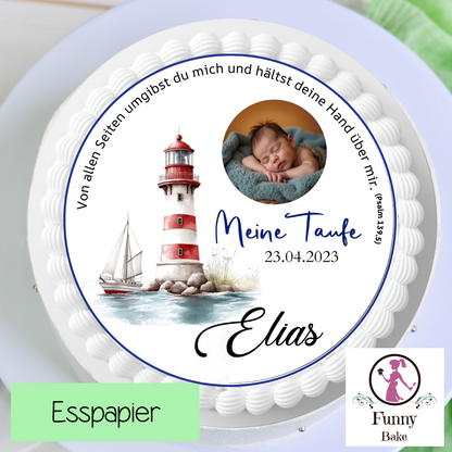 White frosted baptism cake with lighthouse, sailing ship, baby photo, text 'Meine Taufe', date 23.04.2023, name Elias.