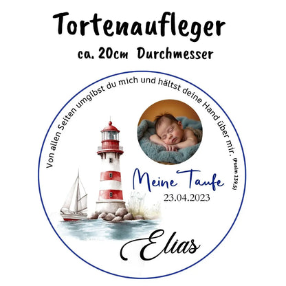 Blue-bordered baptism cake topper with a sleeping baby, lighthouse, sailboat, quote, and personalized details.