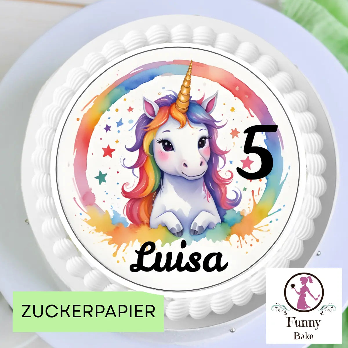 Detailansicht Einhorn Tortenaufleger mit Happy Birthday Schriftzug