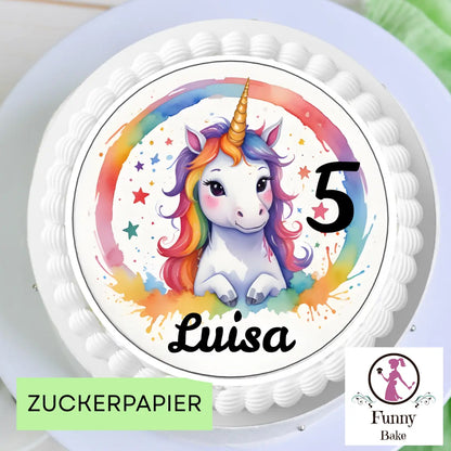 Detailansicht Einhorn Tortenaufleger mit Happy Birthday Schriftzug
