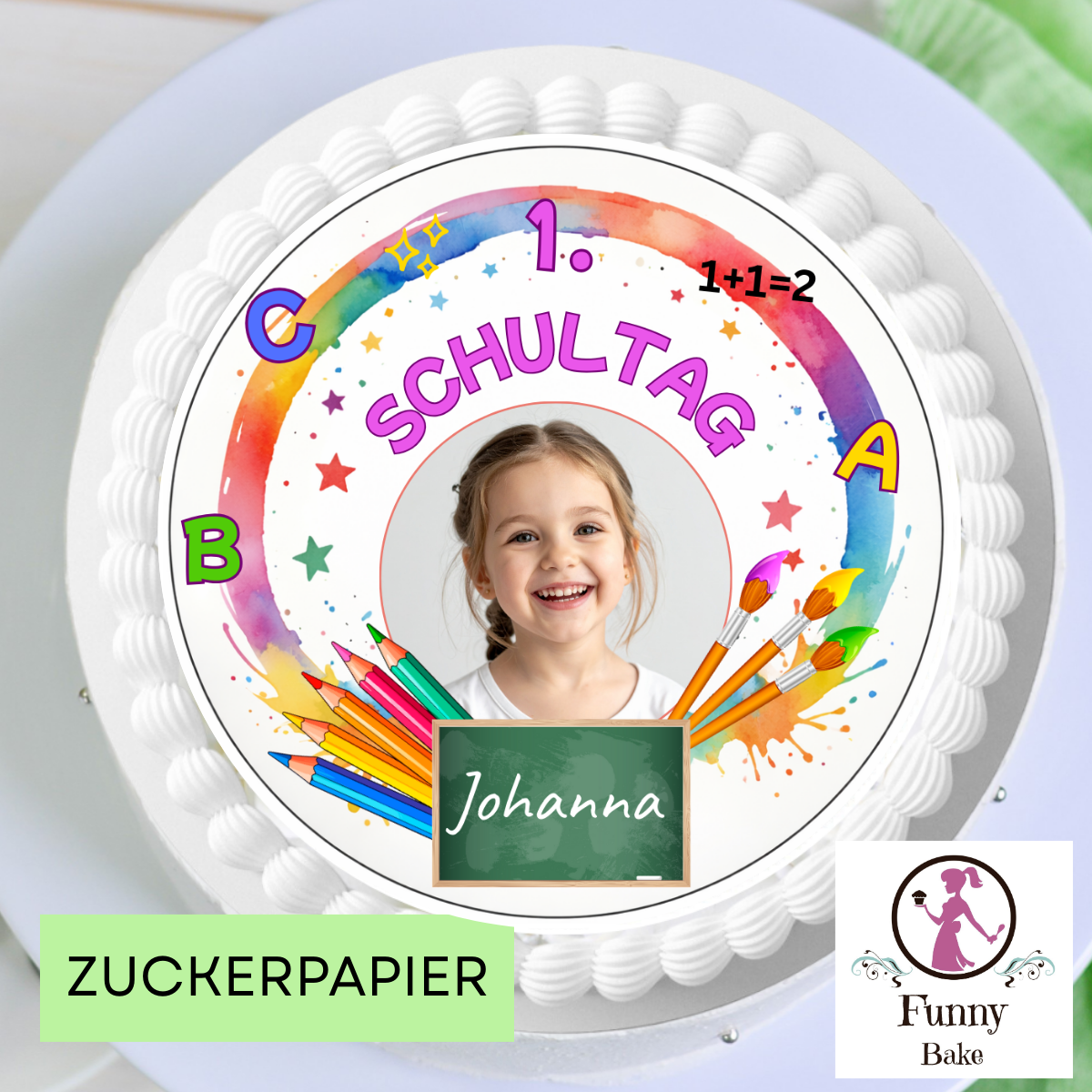 Einschulungstorte für Mädchen mit personalisiertem Tortenaufleger in Rosa- und Orangetönen