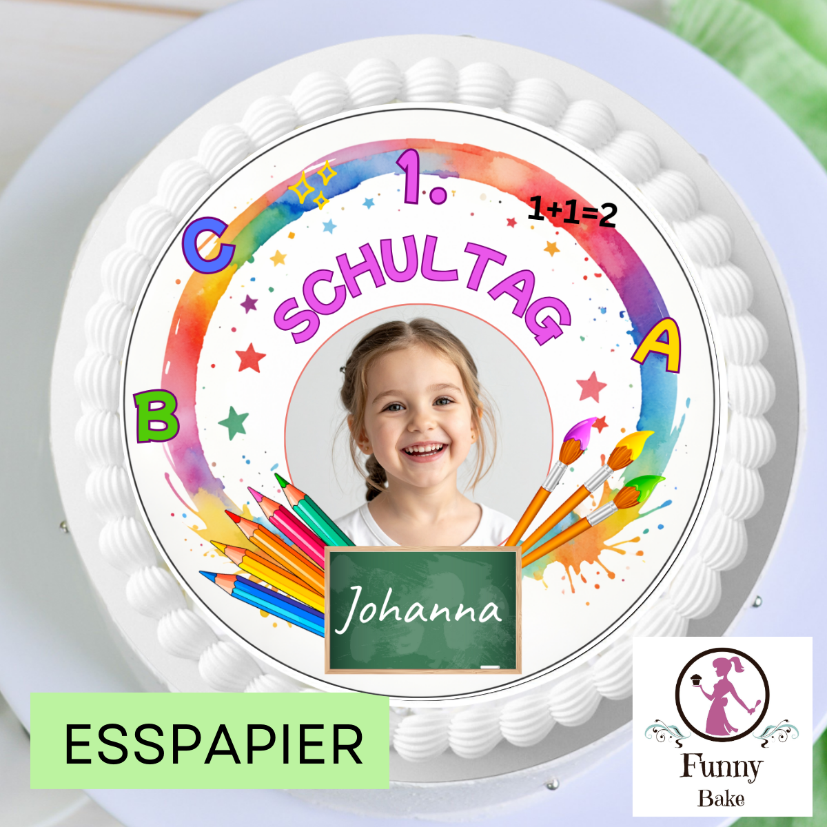 Einschulungstorte für Mädchen mit personalisiertem Tortenaufleger in Rosa- und Orangetönen