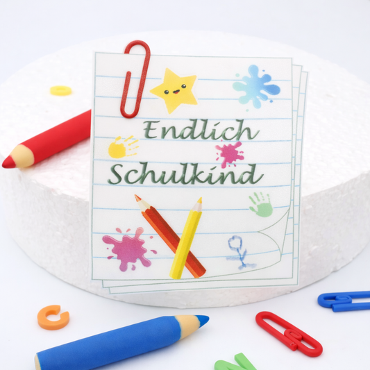 Essbarer Aufleger Einschulung „Endlich Schulkind“ mit Schultafel-Motiv aus Esspapier