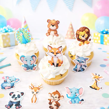 Bunte Muffinaufleger mit Tiermotiven aus Esspapier für Kindergeburtstag