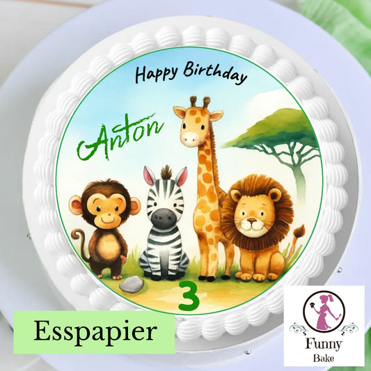 essbarer aufleger kindergeburtstag löwe zebra giraffe affe name zahl kindgerecht wasserfarben personalisiert