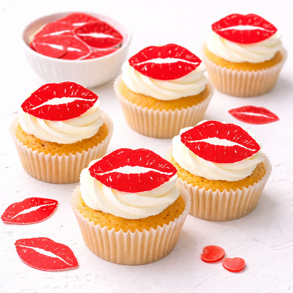 rote Esspapier Lippen als Muffin- und Tortendekoration für Liebe, Hochzeit und Verlobung