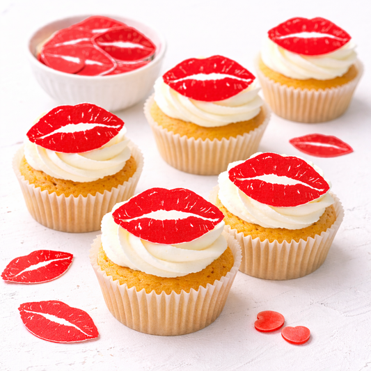 rote Esspapier Lippen als Muffin- und Tortendekoration für Liebe, Hochzeit und Verlobung