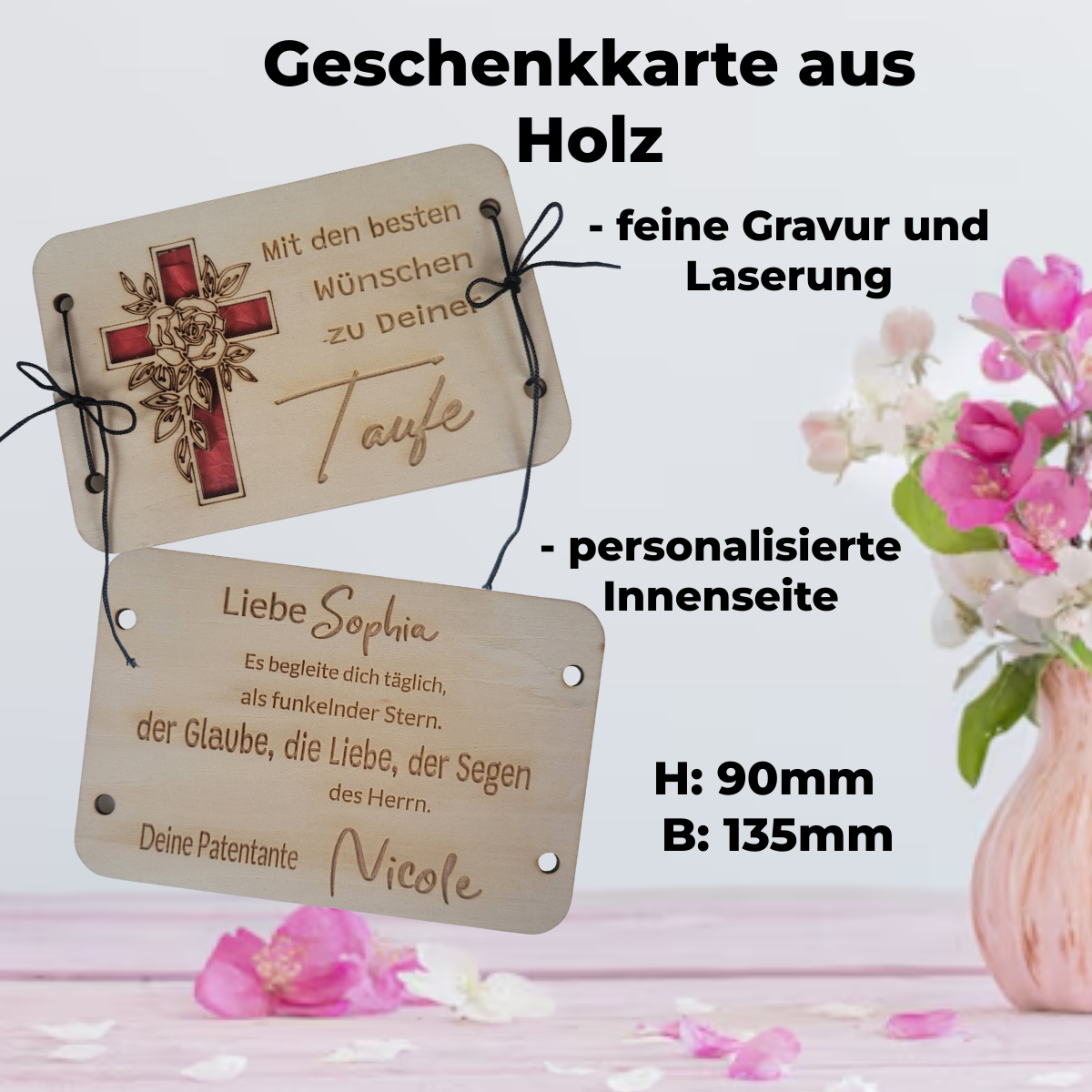Geschenkkarte Taufe personalisiert mit Gravur aus Holz
