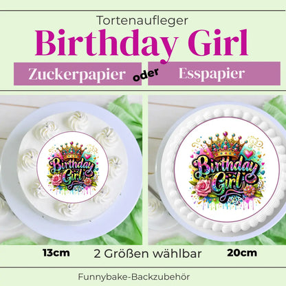tortenaufleger rund bunt 13  cm 20 cm esspapier  zuckerpapier krone aufschrift "birthday girl"