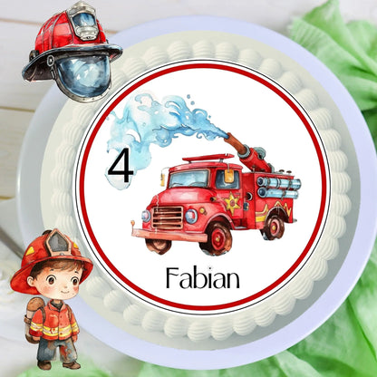 essbarer tortenaufleger rund feuerwehrauto watercolor mit name zahl personalisiert rot weiß  feuerwehrauto spritzt wasser esspapier oder zuckerpapier 
