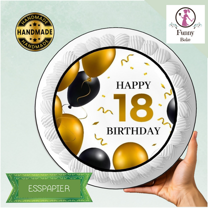 Tortenaufleger Happy Birthday 18 Ballon gold/schwarz