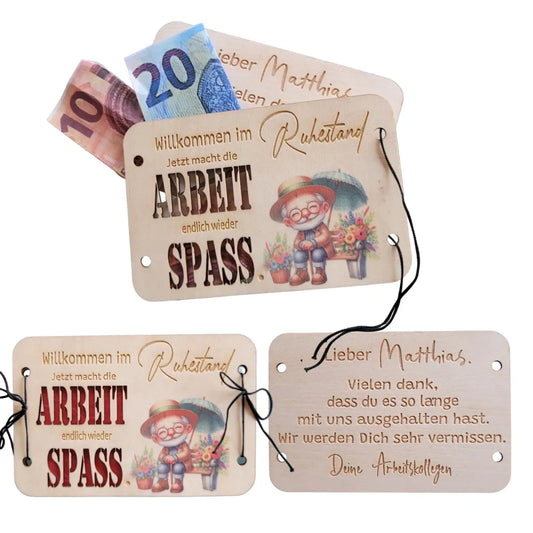Holzkarte "Zur Rente" - personalisierte Innenseite - Funny Bake