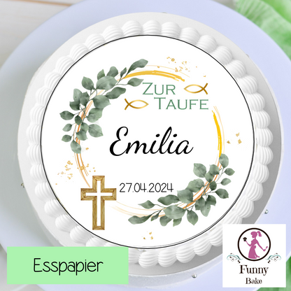 essbarer personalisierter tortenaufleger zurtaufe. eukalyptus farben ranken  ring in gold mit goldenen fischen kreuzzeichnung  name  datum 