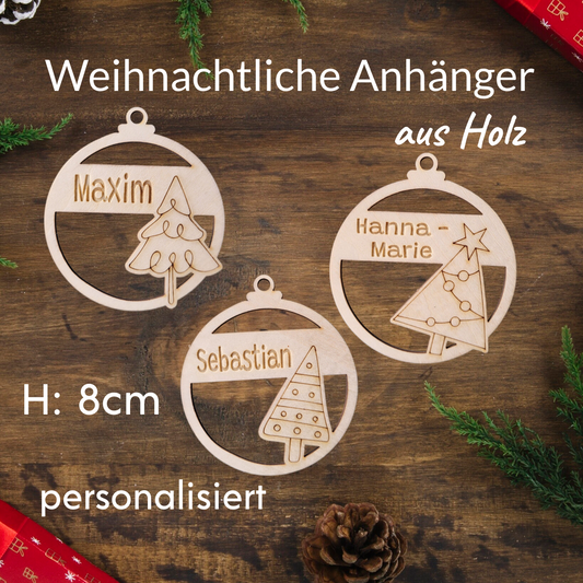 christbaumschmuck personalisiert runde anhänger holz 3 motive tannenbaum geschenkanhänger name 8cm 