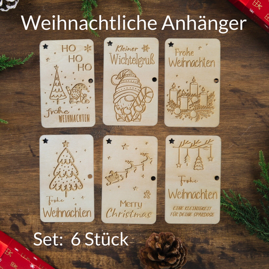 geschenkanhänger holz weihnachtliche motive 6 stück wichtel tannenbaum adventskranz 