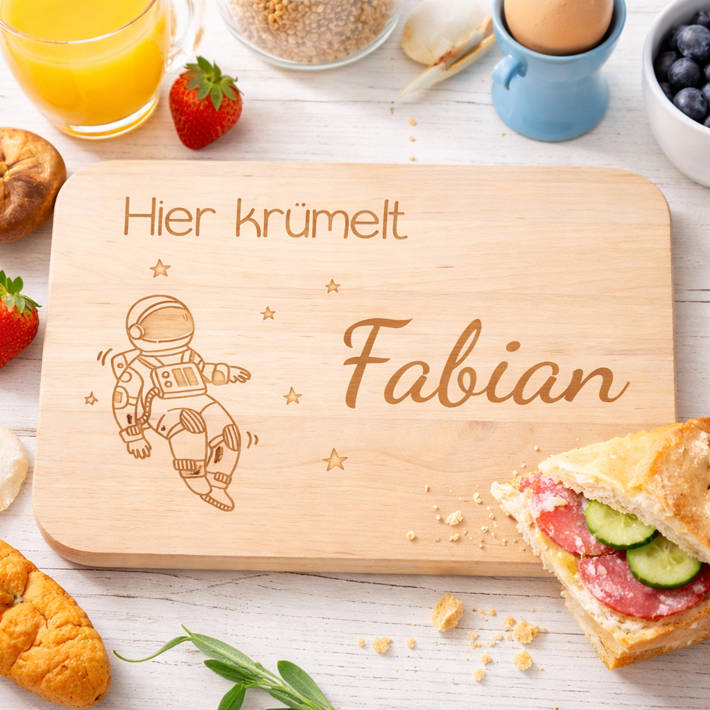 Frühstücksbrettchen mit Astronaut Gravur und Wunschname auf gedecktem Frühstückstisch, Geschenkidee für Kinder