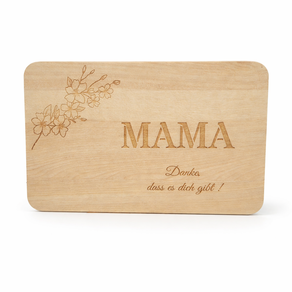 Frühstücksbrettchen Mama aus Holz mit Gravur „Danke, dass es dich gibt“ und Blumenmotiv