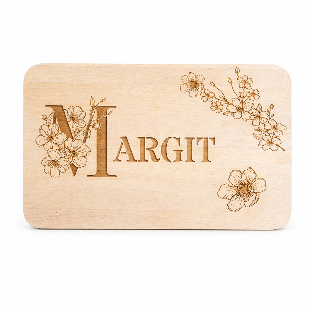 Personalisiertes Frühstücksbrettchen aus Holz mit Monogramm und Blumenmotiv