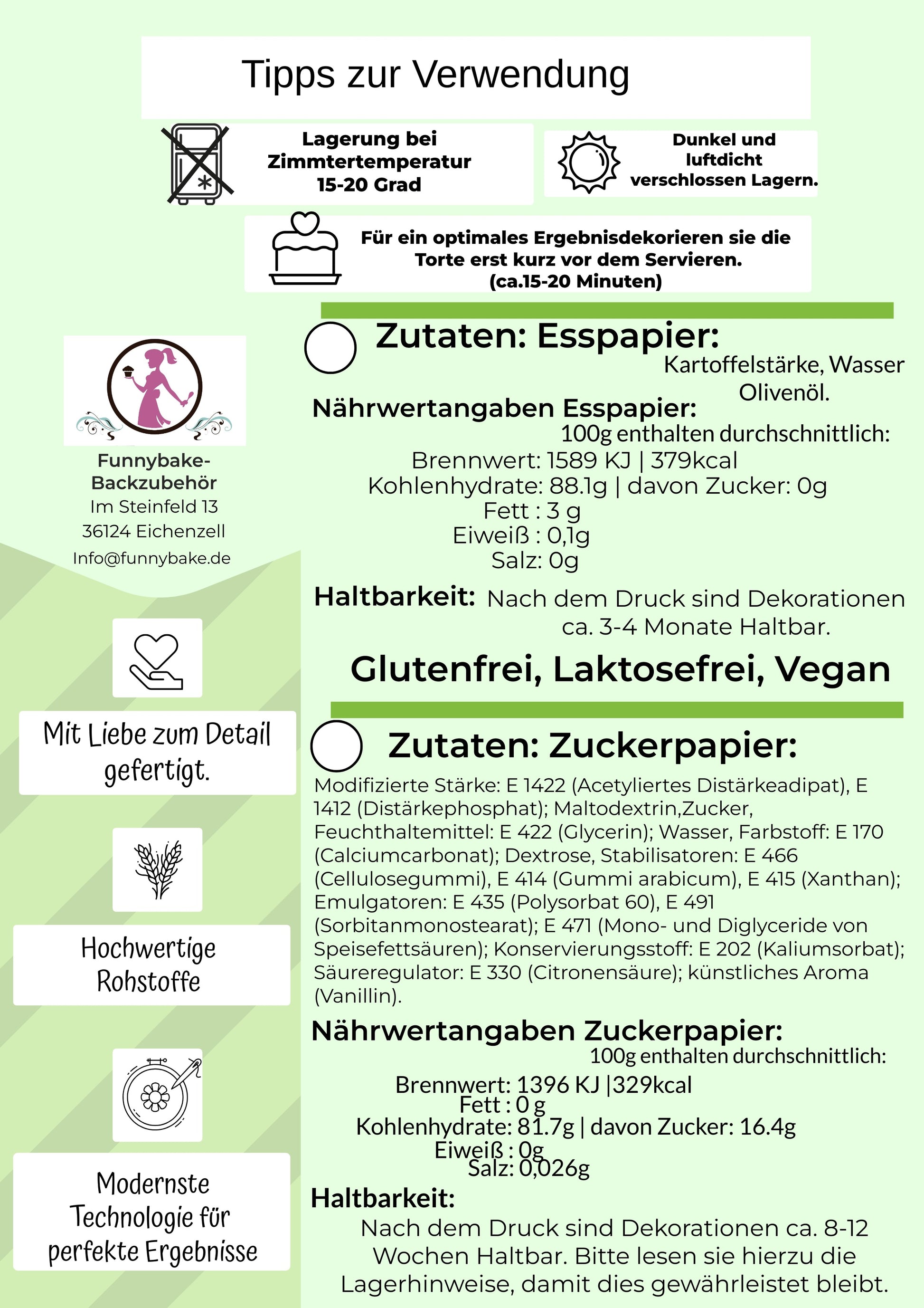 Infographic on Funnybake edible paper usage tips, ingredients, and storage advice