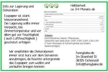 Funybake edible paper label with storage instructions and badges for gluten free, lactose free, and vegan options in German.