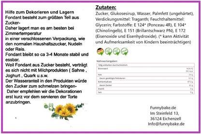 German fondant information with storage tips, ingredients, nutrition facts, icons, and sunflower decoration.