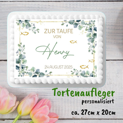 White rectangular cake with an edible topper for Henry's baptism featuring green foliage and gold fish symbols, with pink tulips.