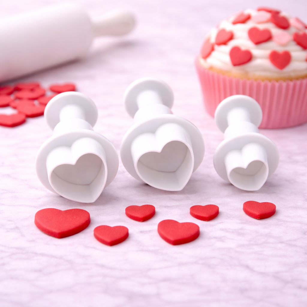 Herz-Ausstecher mit Auswerfer im Einsatz zur Dekoration mit Fondantherzen auf Arbeitsfläche