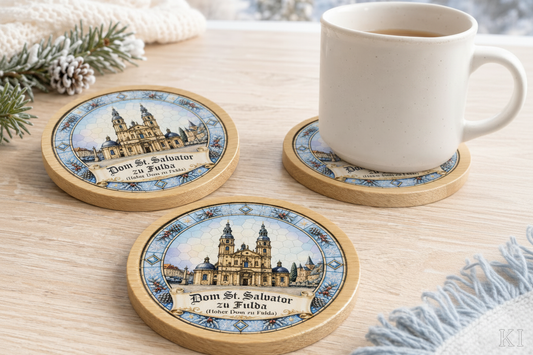 Bambus-Untersetzer Dom St. Salvator zu Fulda auf Holztisch mit Tasse, Wintermosaik-Motiv (KI-generiertes Bild)