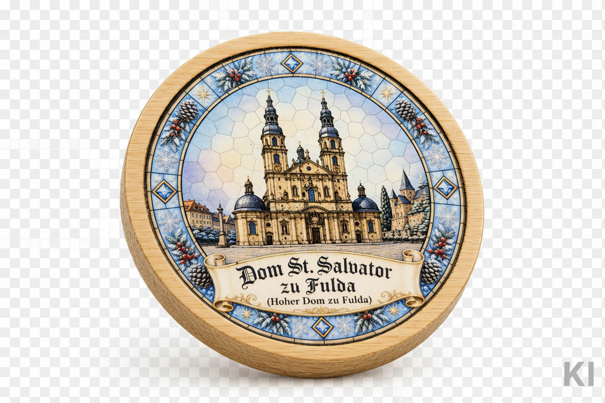 Bambus-Untersetzer Dom St. Salvator zu Fulda freigestellt, Produktfoto (KI-generiertes Bild)