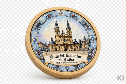 Bambus-Untersetzer Dom St. Salvator zu Fulda freigestellt, Produktfoto (KI-generiertes Bild)