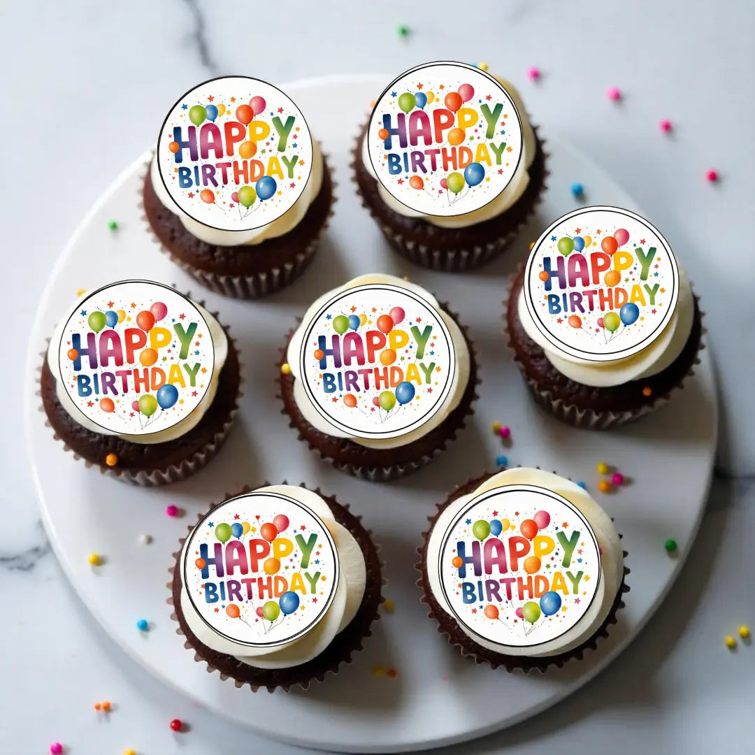 Muffin-Aufleger „Happy Birthday“ bunt – 4 cm rund (Esspapier) Funny Bake